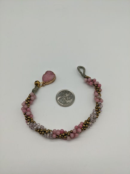 Pink Quartz, Crystal and Goldtone Bead Woven Bracelet - Picture 2 of 6